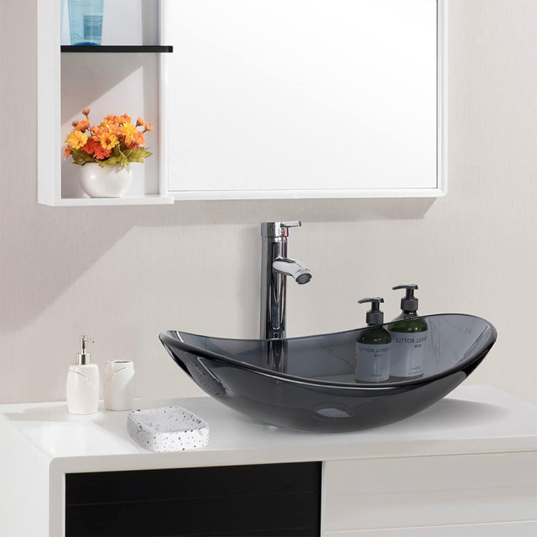 Minoky Bathroom Boat Shape Glass Vessel Sink Basin with Faucet and Pop